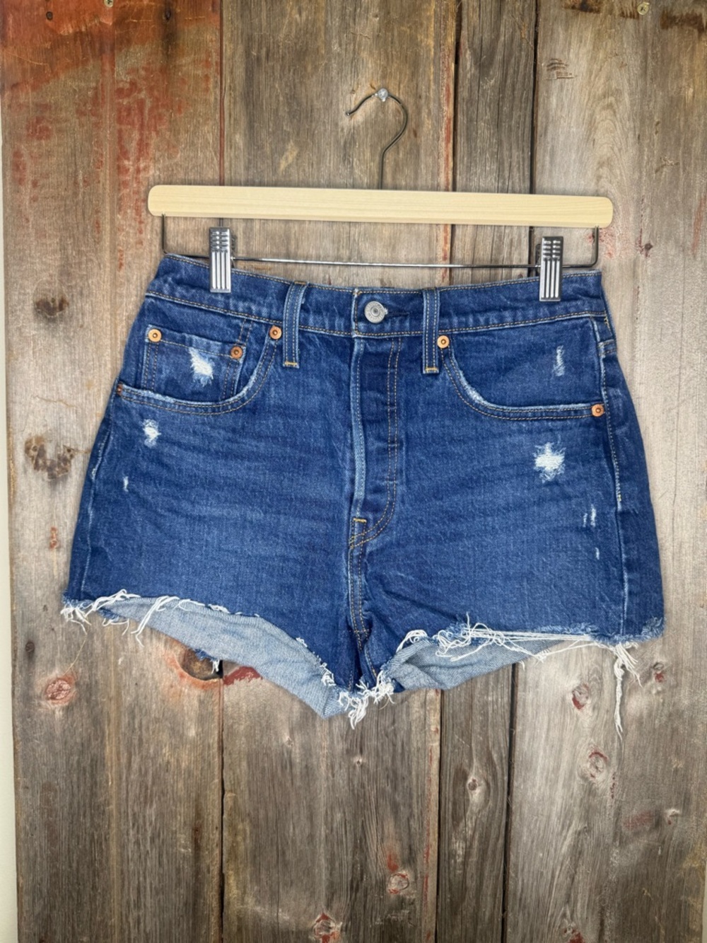 Levi's 501 Distressed Dark Blue High-Rise Denim Shorts